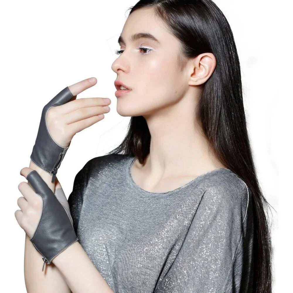 Women's Gray Fingerless Leather Driving Half Finger Gloves Halloween Design